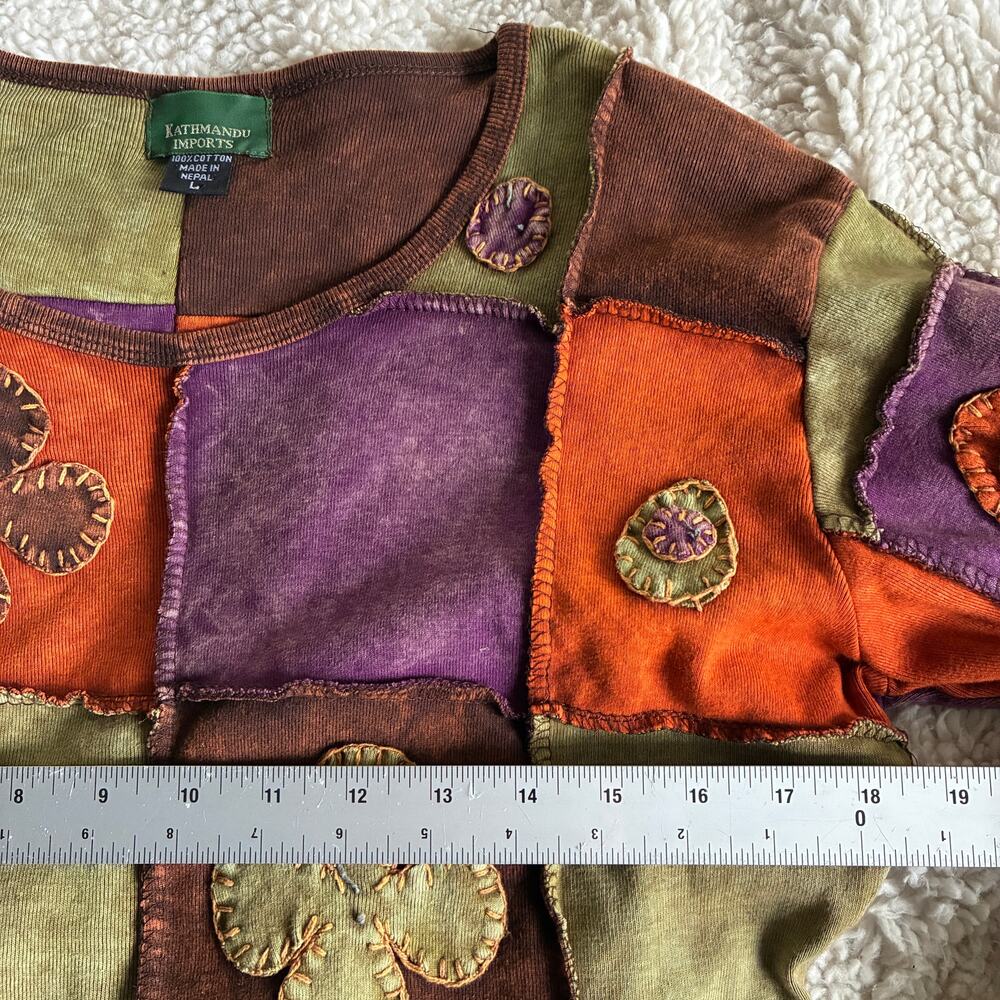 Vintage Boho Patchwork Shirt Womens Large Colorful Long Sleeve 100% Cotton - Picture 6 of 9